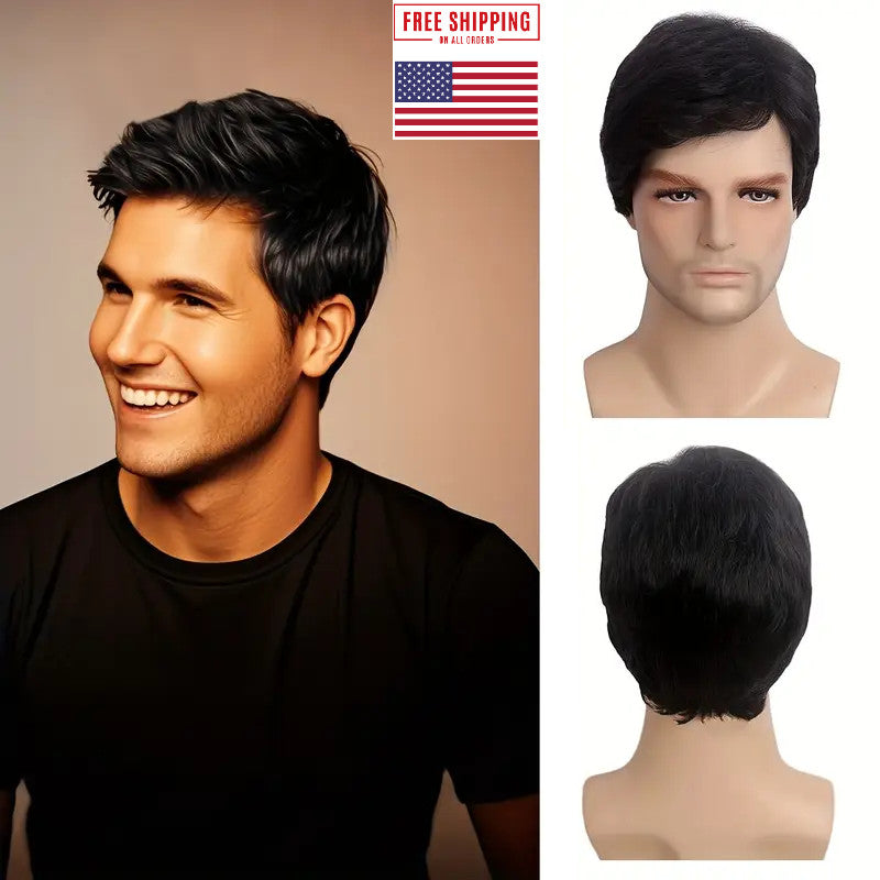Men's Short Black Wavy Synthetic Wig for Daily & Cosplay Use