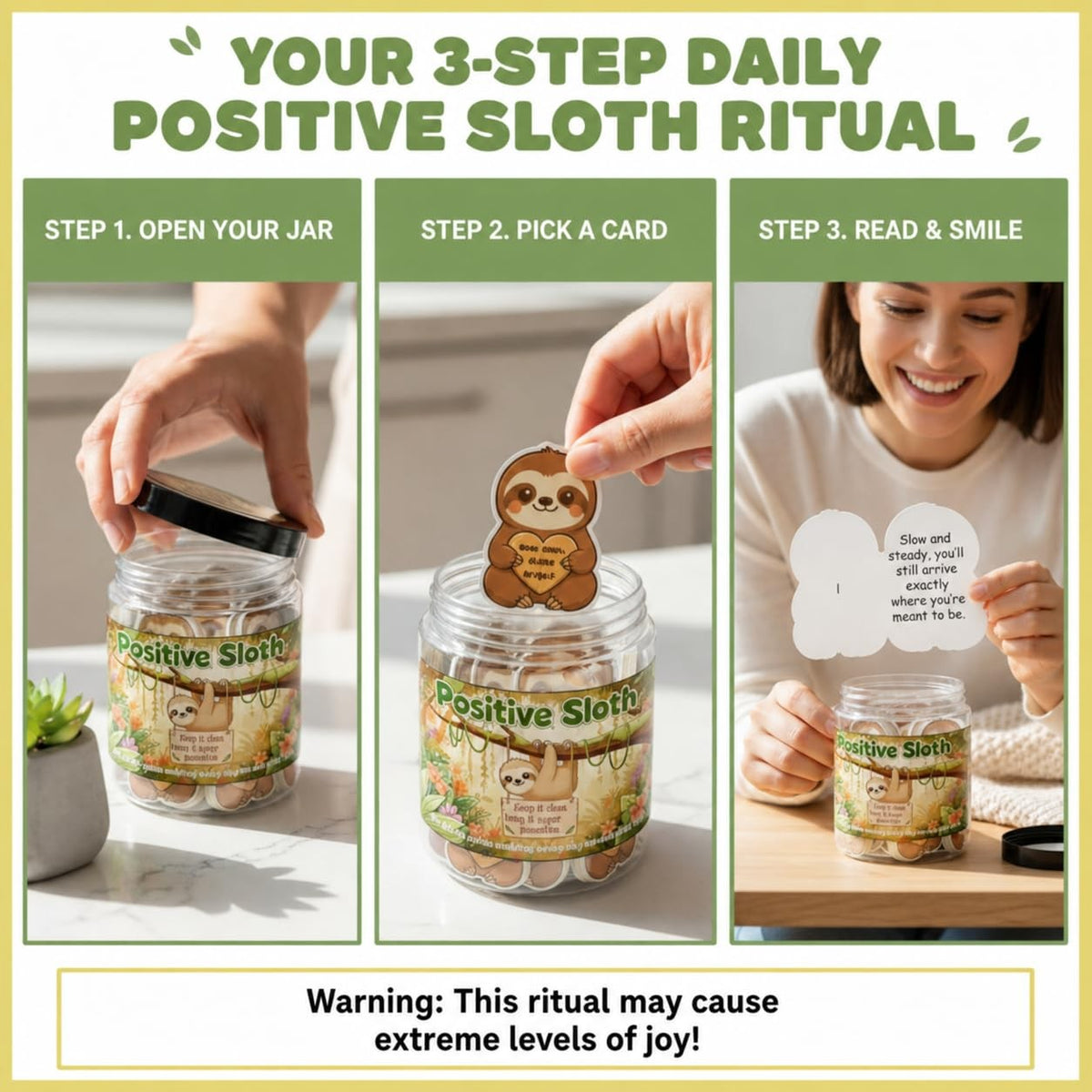 Positive Sloth Affirmation Jar with 60 Stress Relief Cards - Emotional Support Gift