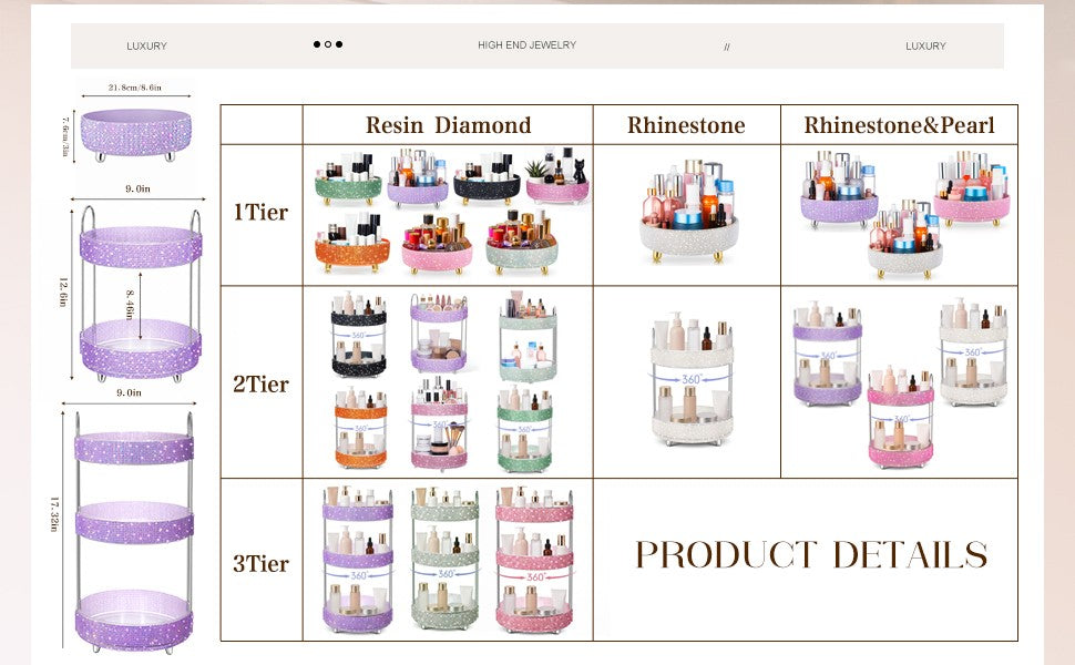 360 Rotating Rhinestone Perfume Organizer 2 Tiers Pink Diamond Display