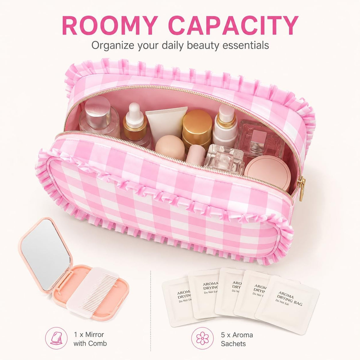 Gingham Ruffle Makeup Bag Set with Mirror and Plaid Design - Pink