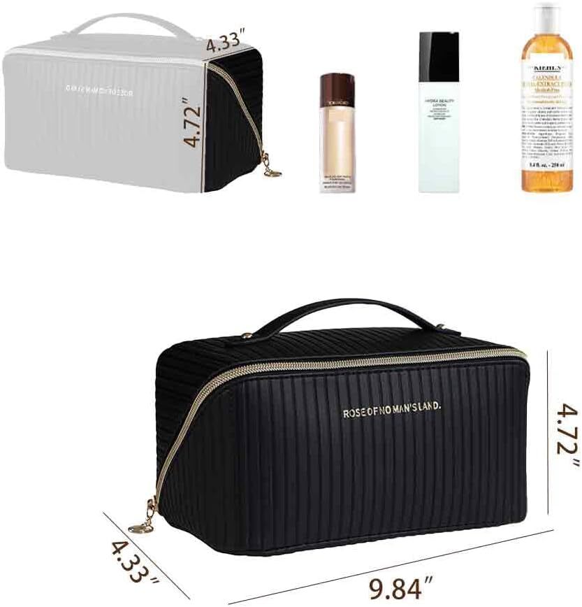 Large Waterproof Travel Makeup Bag with Flat Opening & Organizer