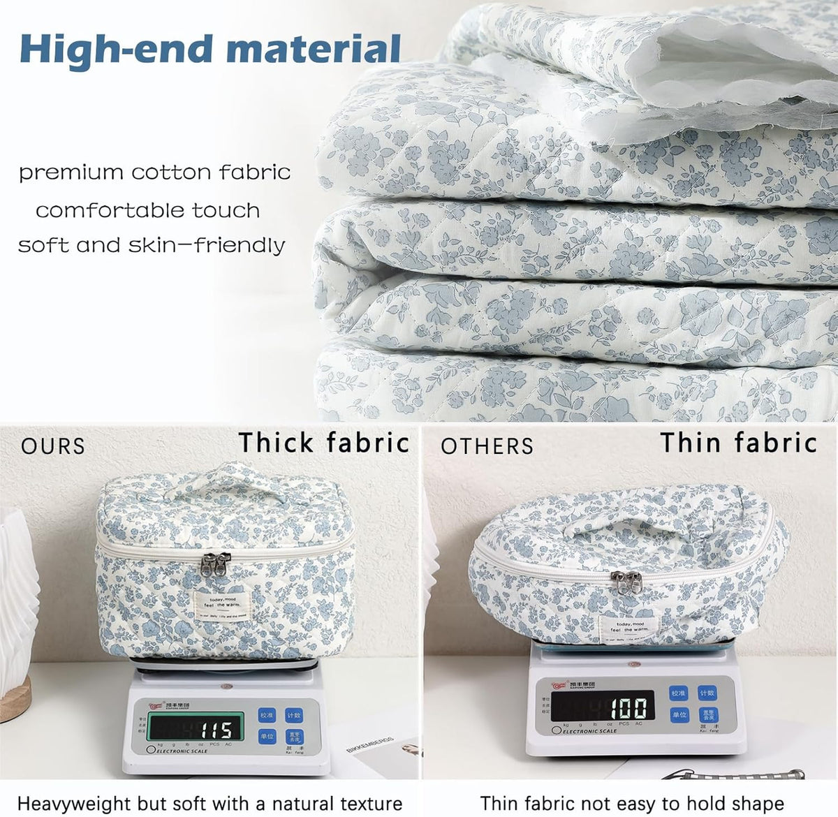 Large Quilted Makeup Bag with Floral Pattern – Travel Cosmetic Organizer for Women