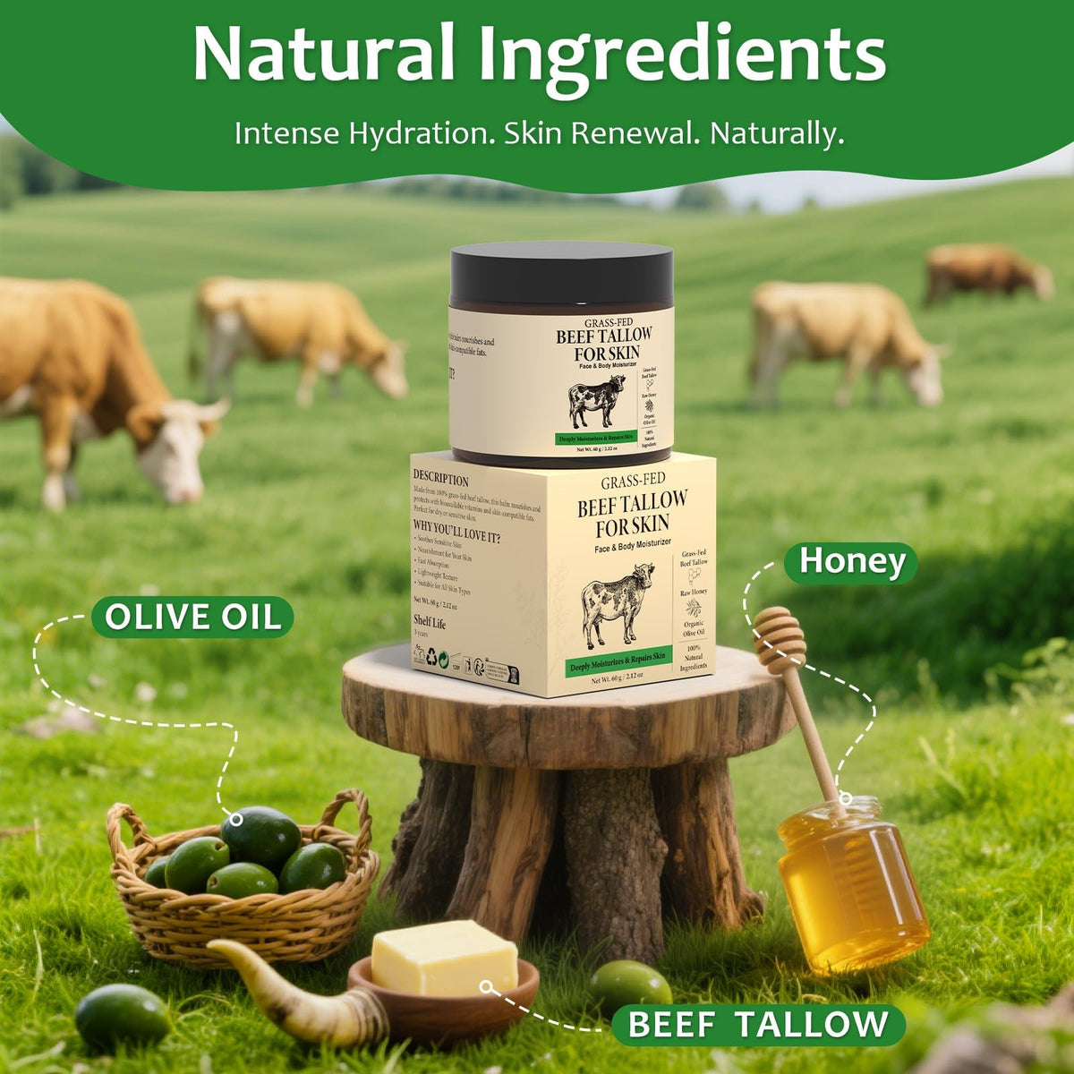 Organic Beef Tallow Skin Moisturizer with Honey & Olive Oil - Deep Nourishing Balm