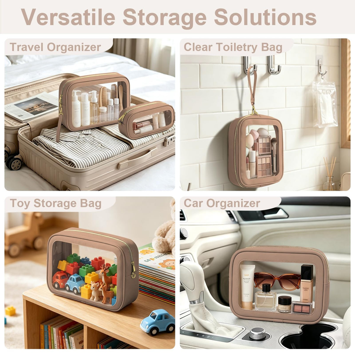 Clear Makeup & Toiletry Bags Set with Handles - Waterproof Khaki 2-Pack