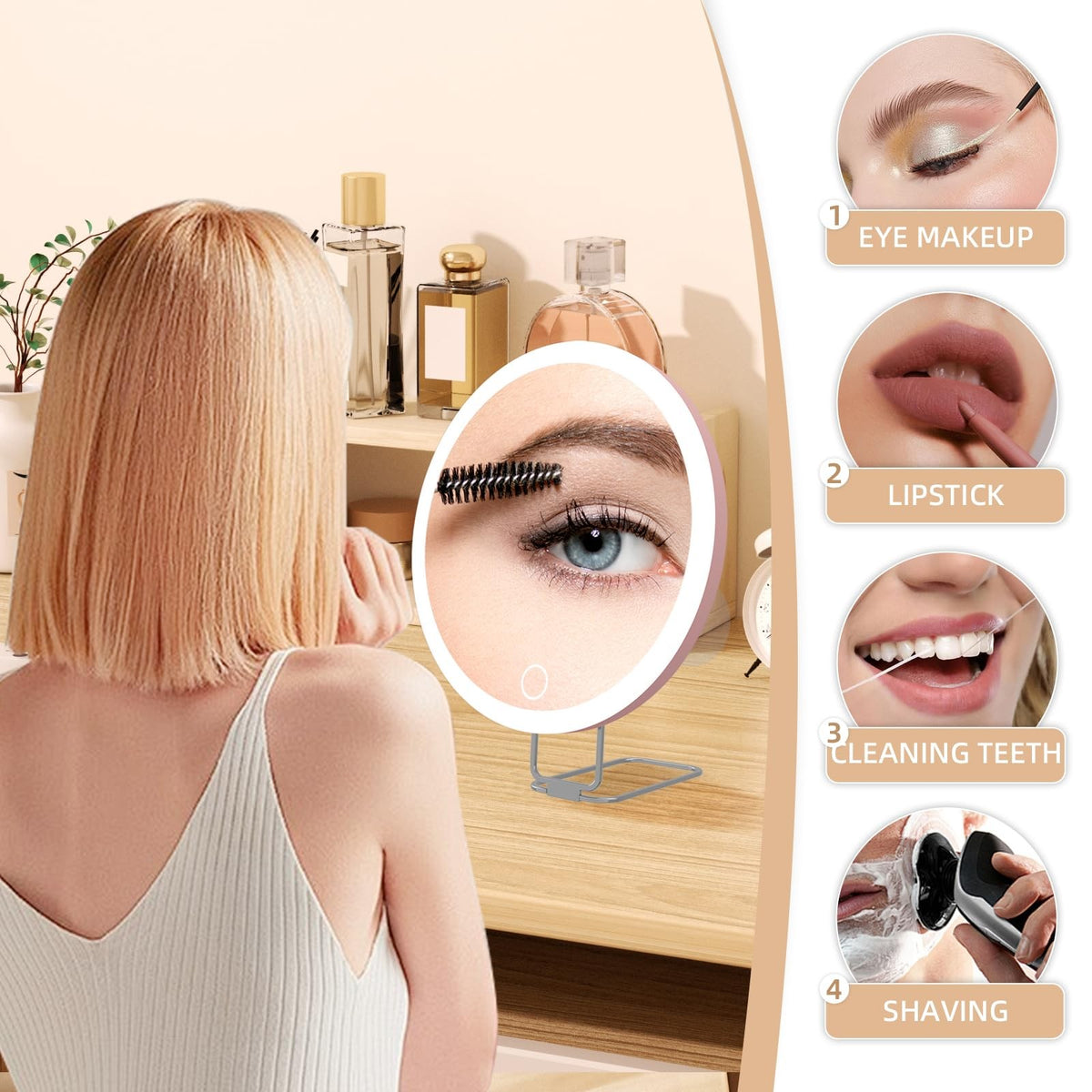 Lighted 6-Inch Magnifying Makeup Mirror with Suction Cups & Table Stand - 30X Zoom, Dimmable LED, Rechargeable for Travel & Home