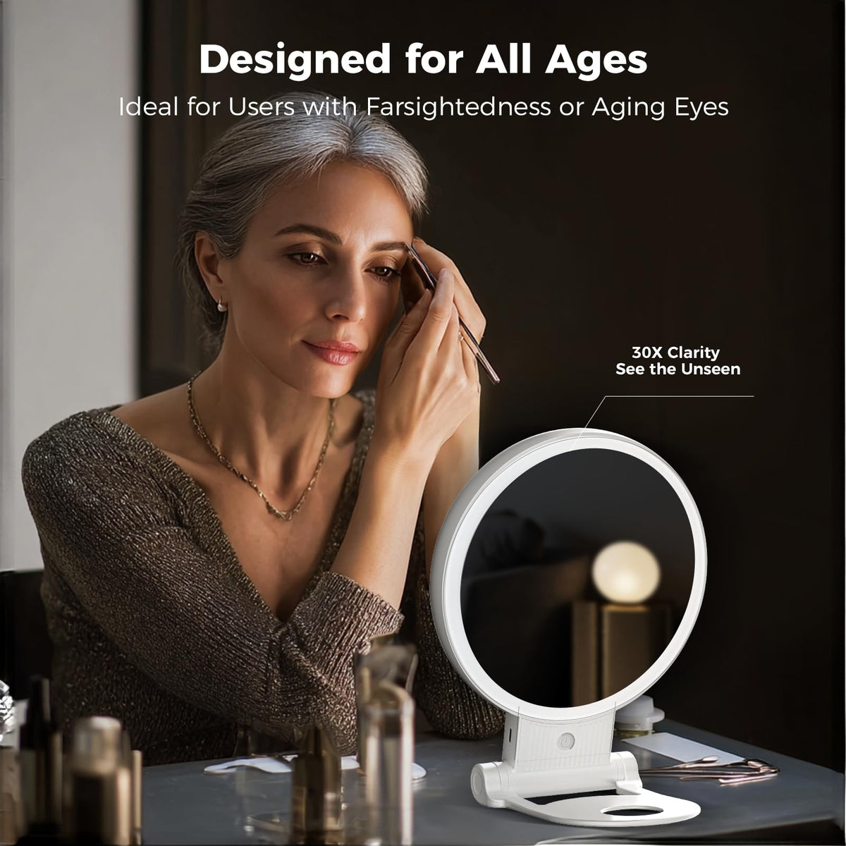 Lighted Double-Sided Makeup Mirror with 30X Magnification & Adjustable Brightness