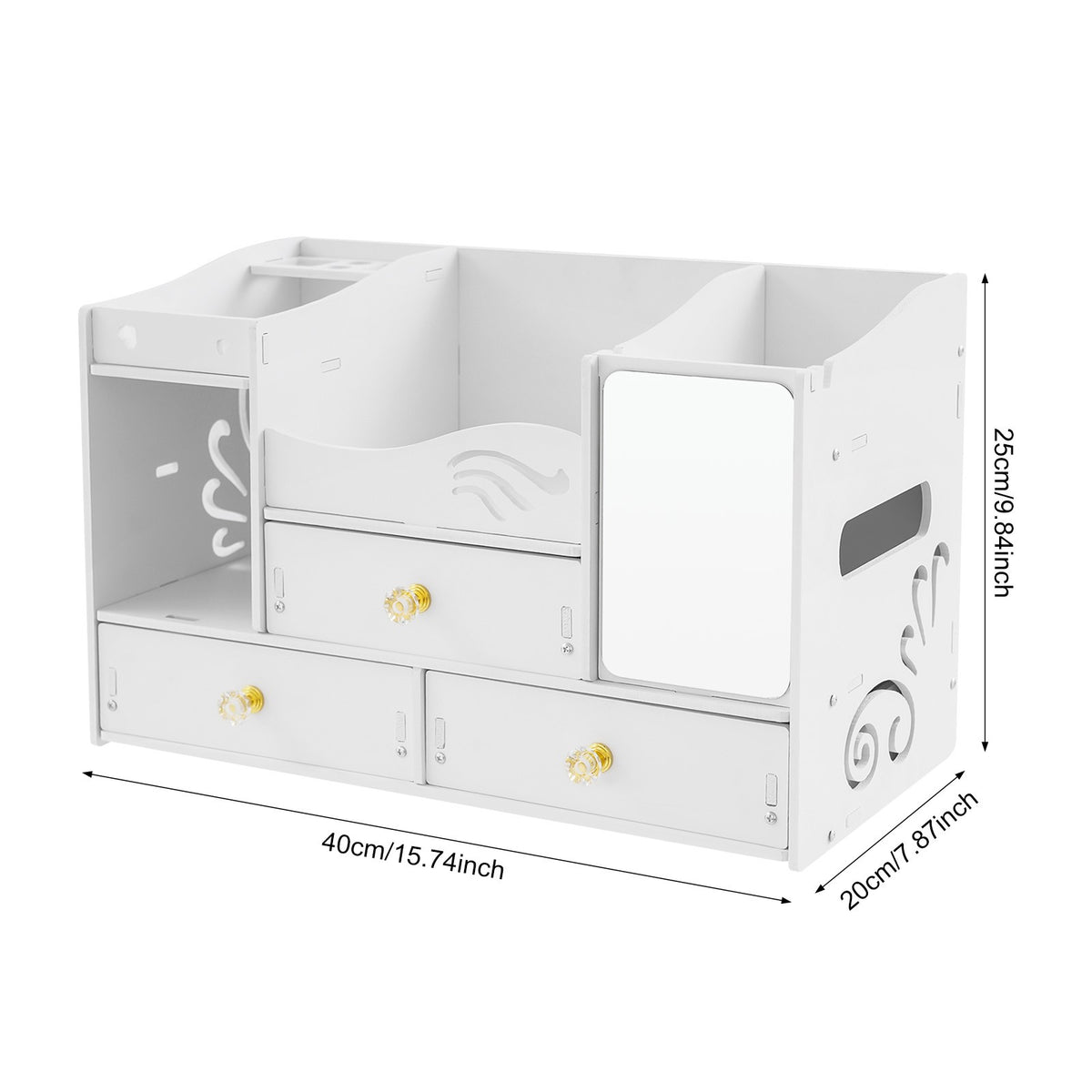 White Makeup Organizer with Mirror, 3 Drawers, Desktop Storage