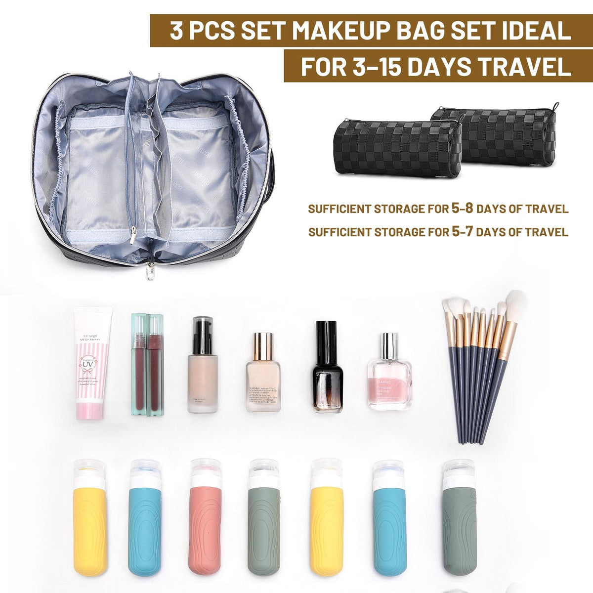Large Capacity Travel Makeup Bag Organizer Set - Water-Resistant Cosmetic Pouches