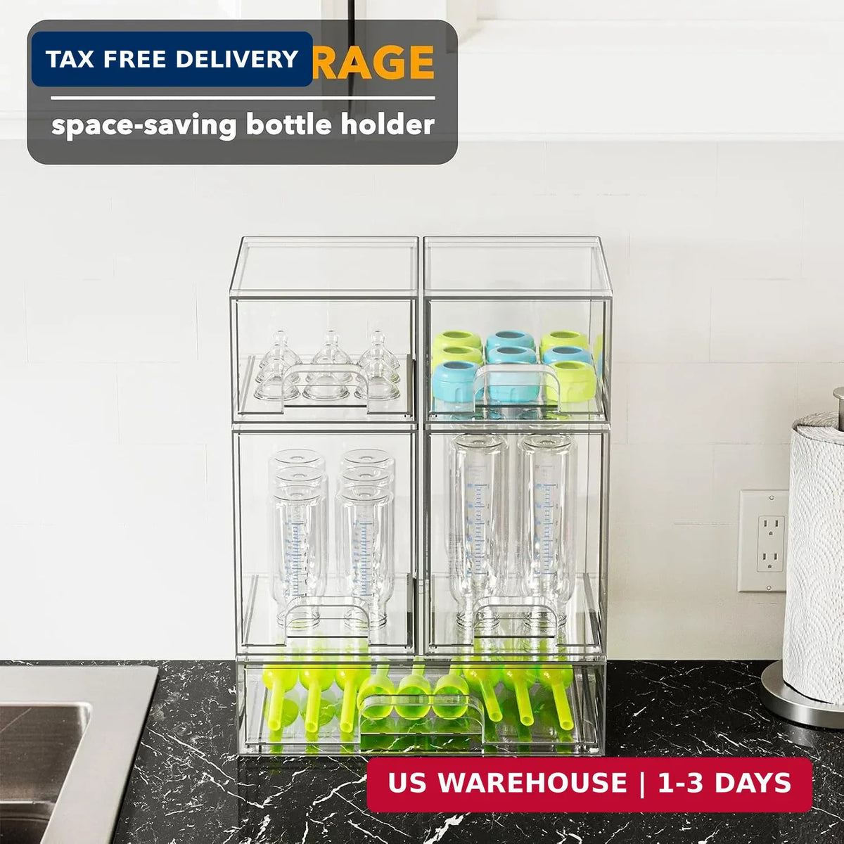 Baby Bottle Storage Organizer Set - Clear Acrylic Countertop & Cabinet Shelves