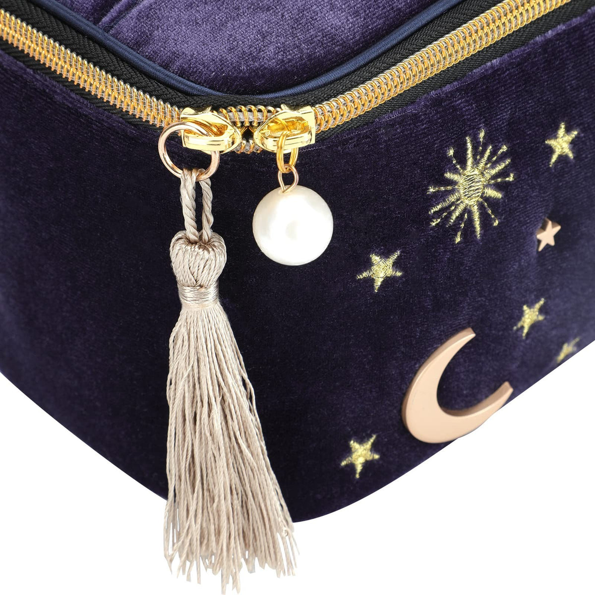 Starry Navy Velvet Cosmetic Bag with Moon and Stars Embroidery, Portable Makeup and Travel Organizer
