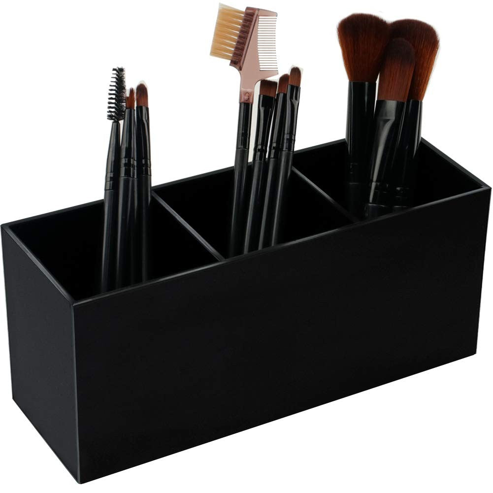 Makeup Brush Holder Organizer with 3 Slots, Black Storage Container