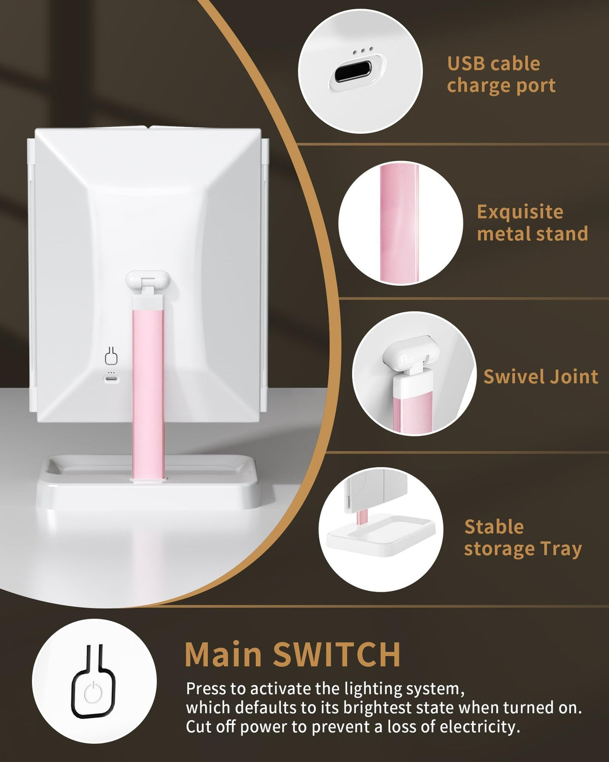 Rechargeable Lighted Vanity Mirror with 3X/2X/1X Magnification, Touch Control