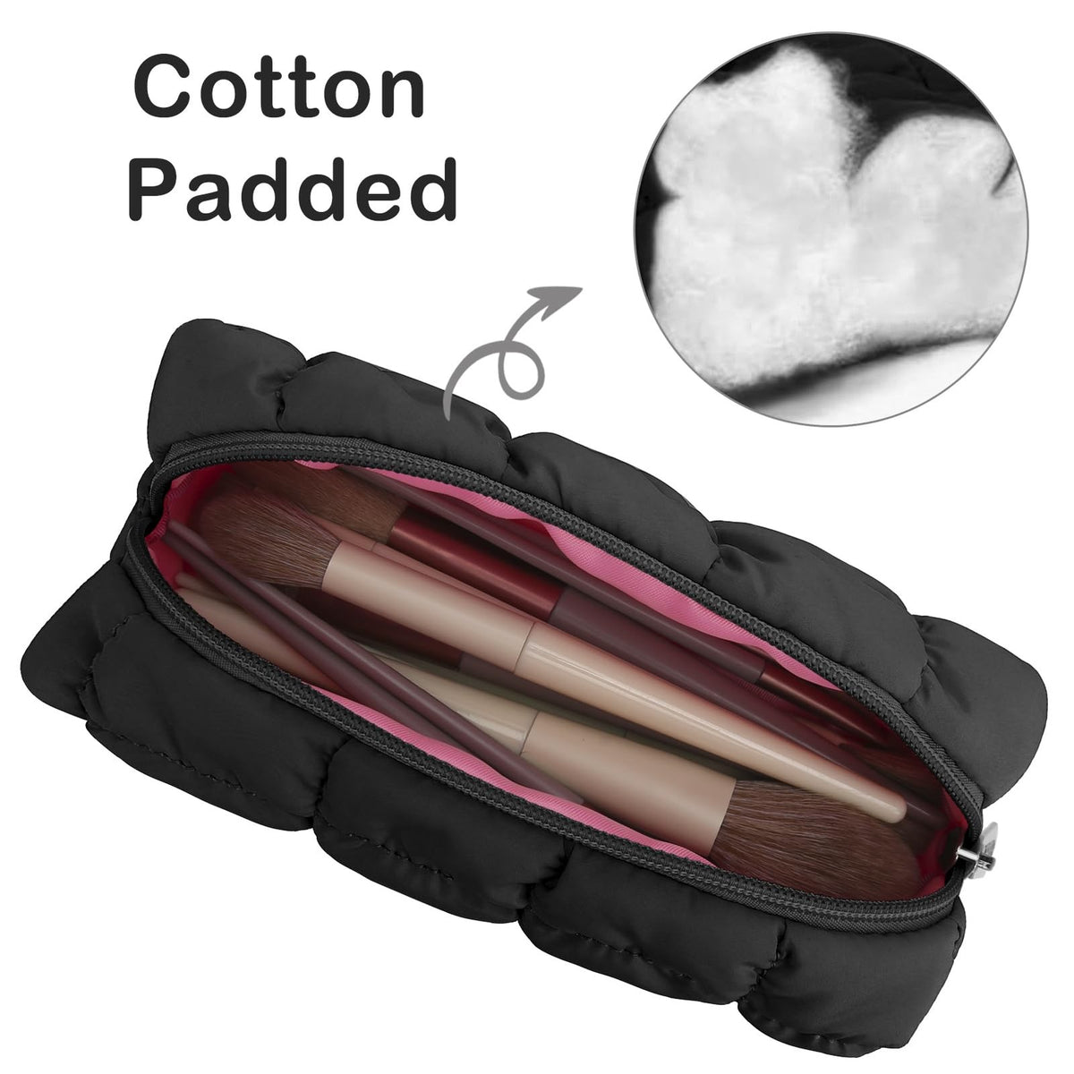 Black Quilted Makeup Brush & Toiletry Organizer Bag - Compact & Stylish