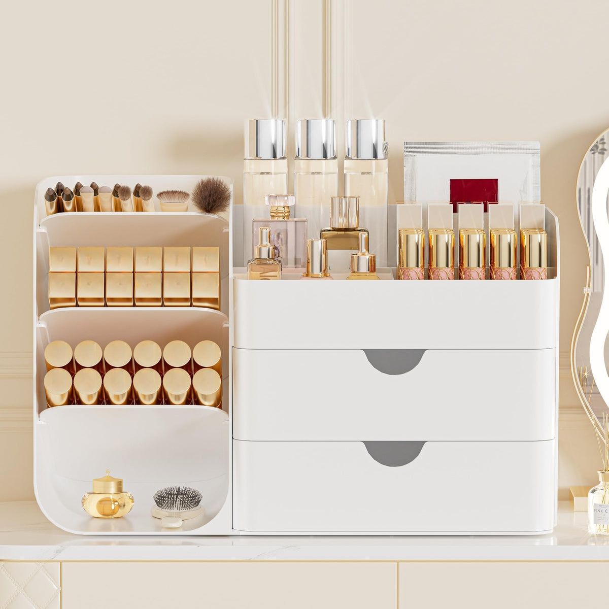 White Makeup Organizer with 2 Drawers and Brush Holders - Cosmetic Storage Case