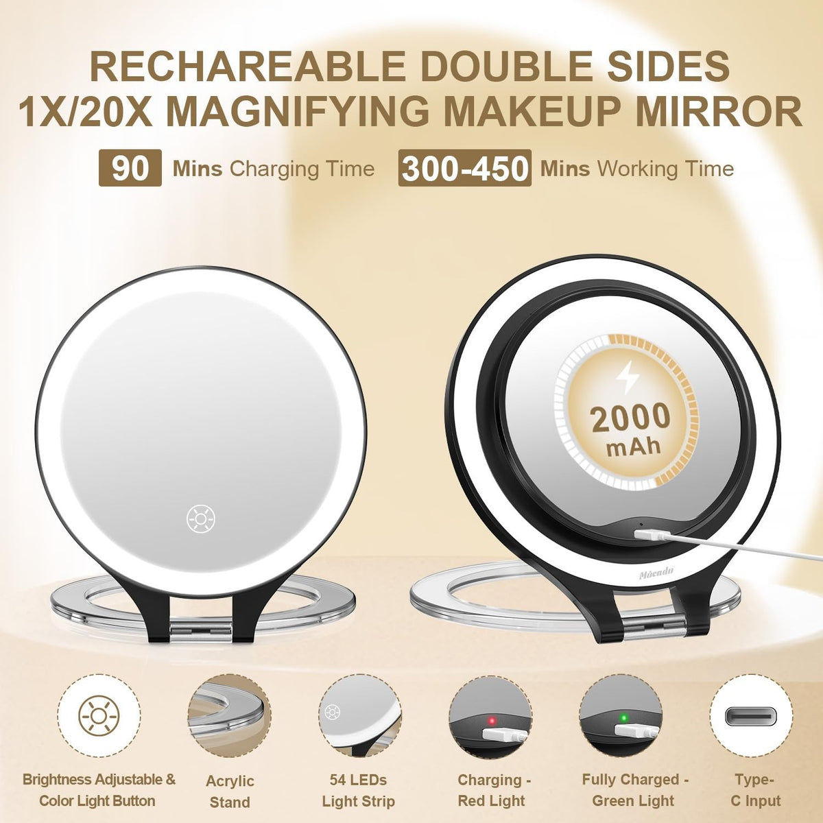 Travel Lighted Makeup Mirror 1X/20X Magnification Dimmable LED Black