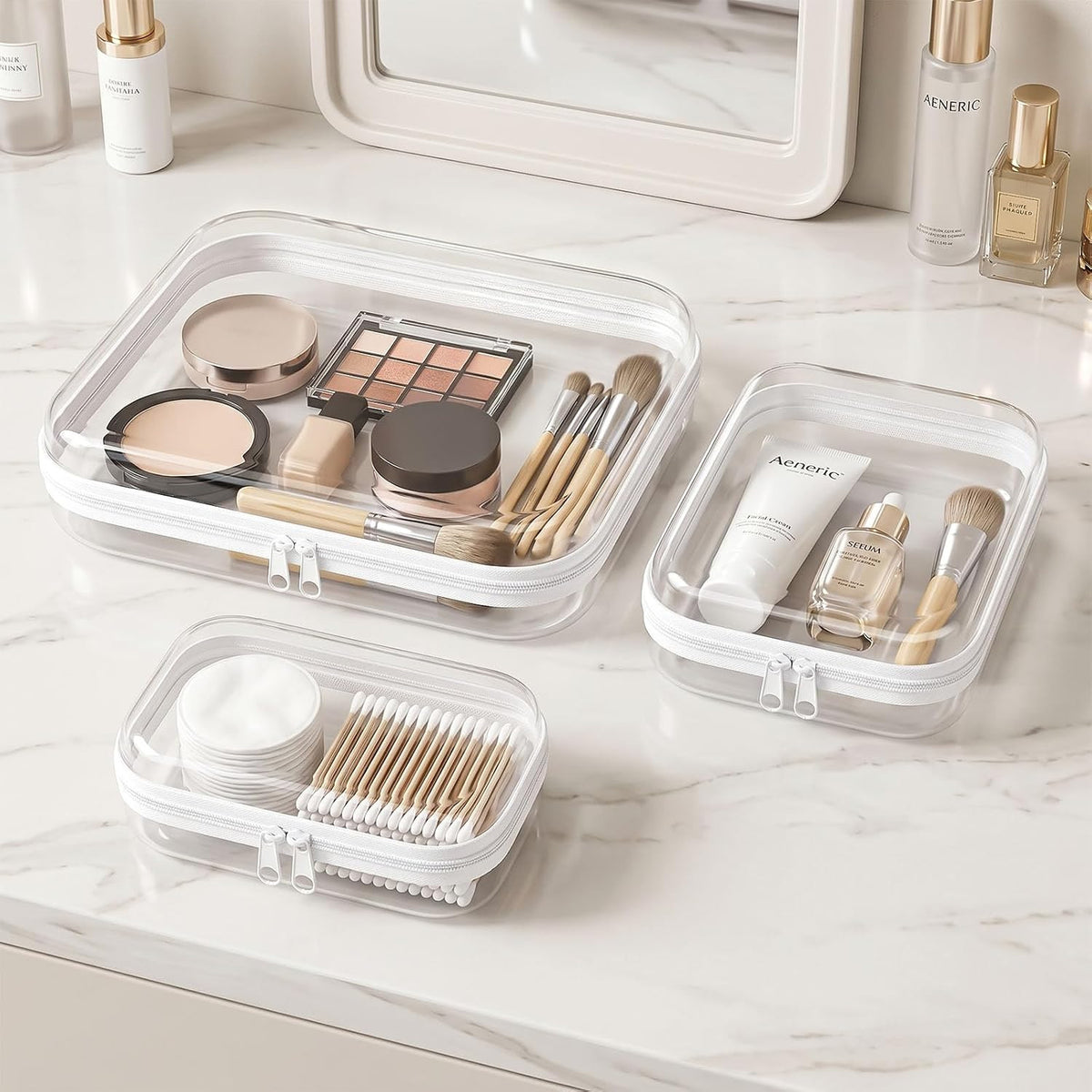 6 Pack Clear Hard Shell Zipper Cases for Travel & Organization - Multiple Sizes