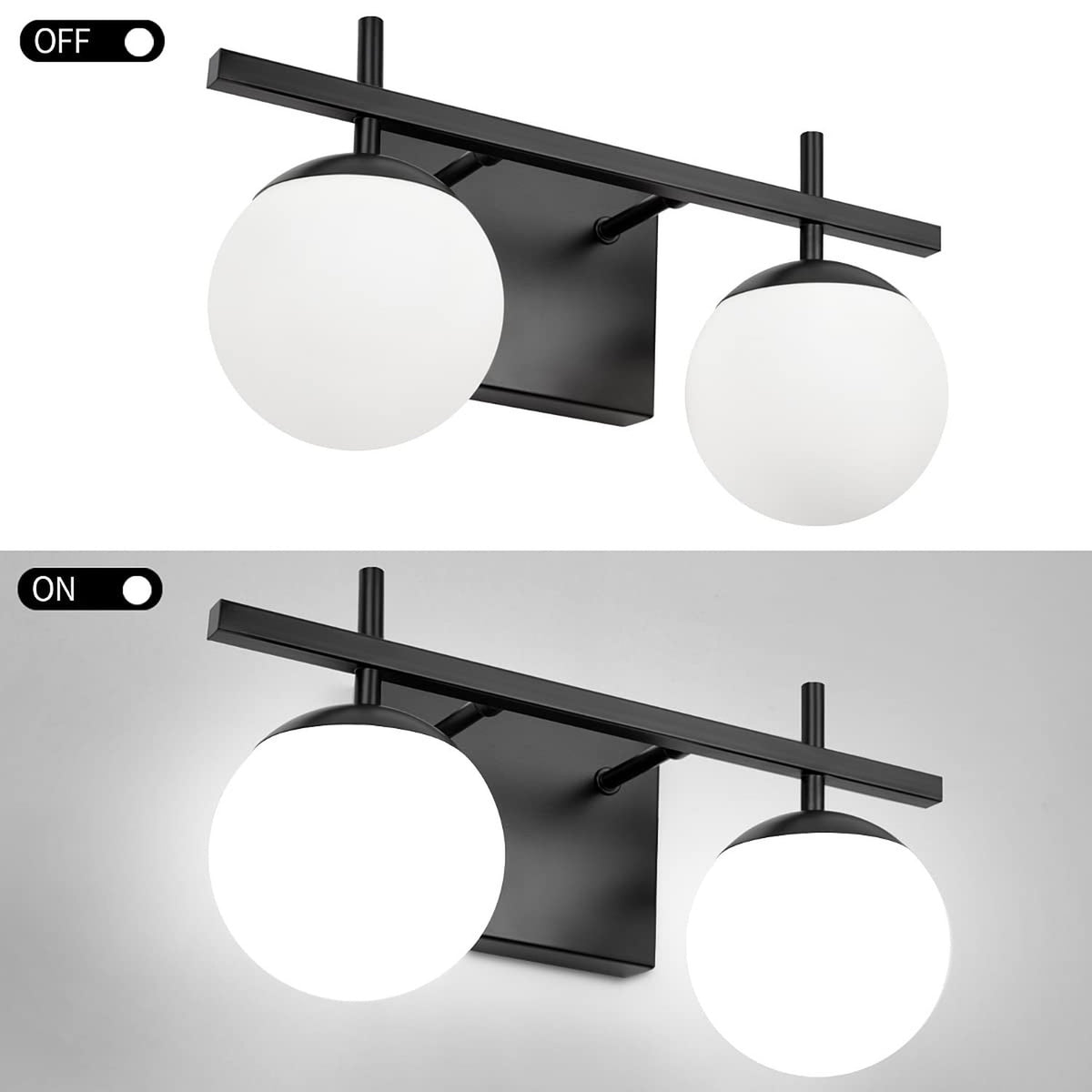 Modern Black Bathroom Vanity Light Fixture with White Frosted Glass - 2 Light