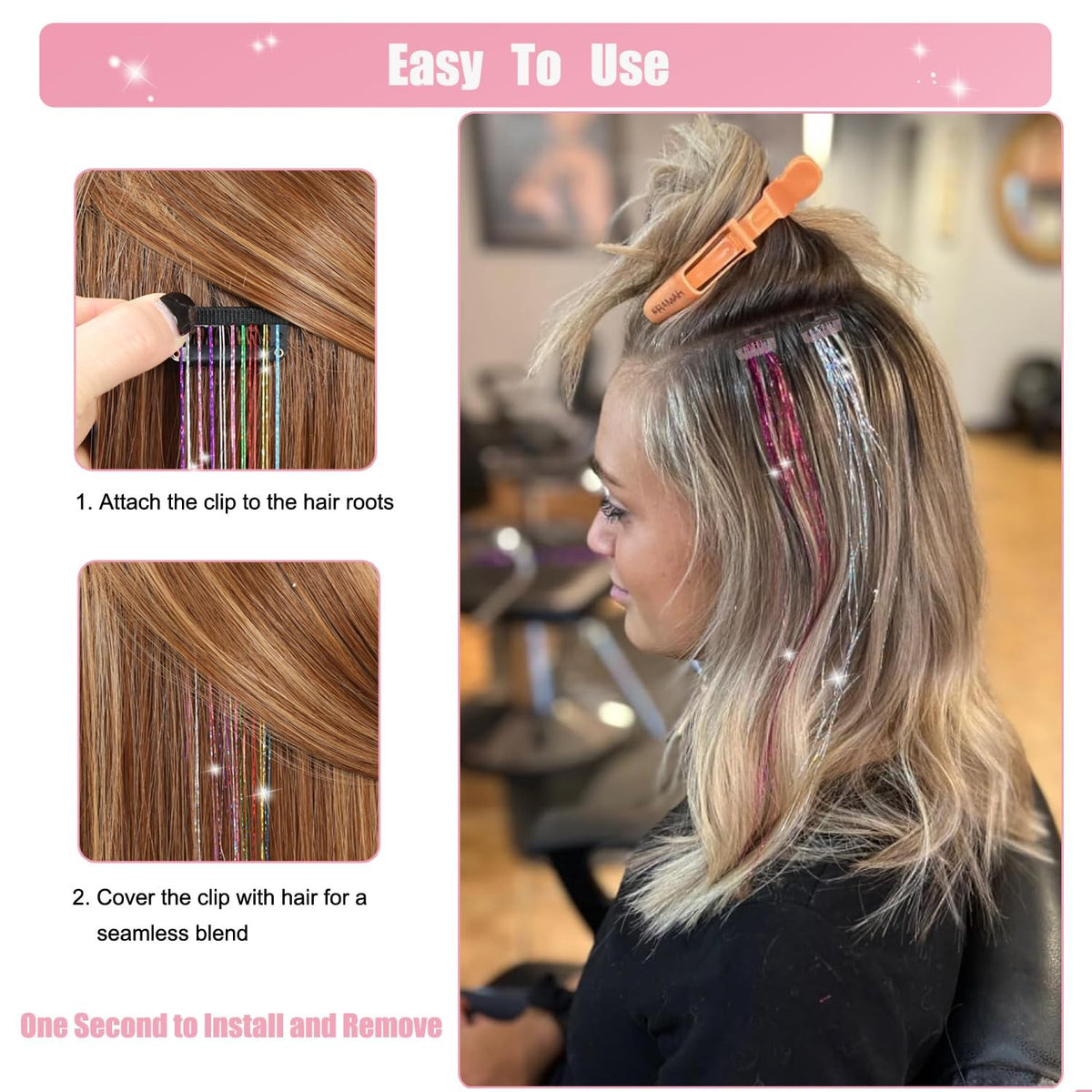 Sparkling Clip-In Hair Tinsel Extensions - Sky Blue, 20 Inch, 18 Pack