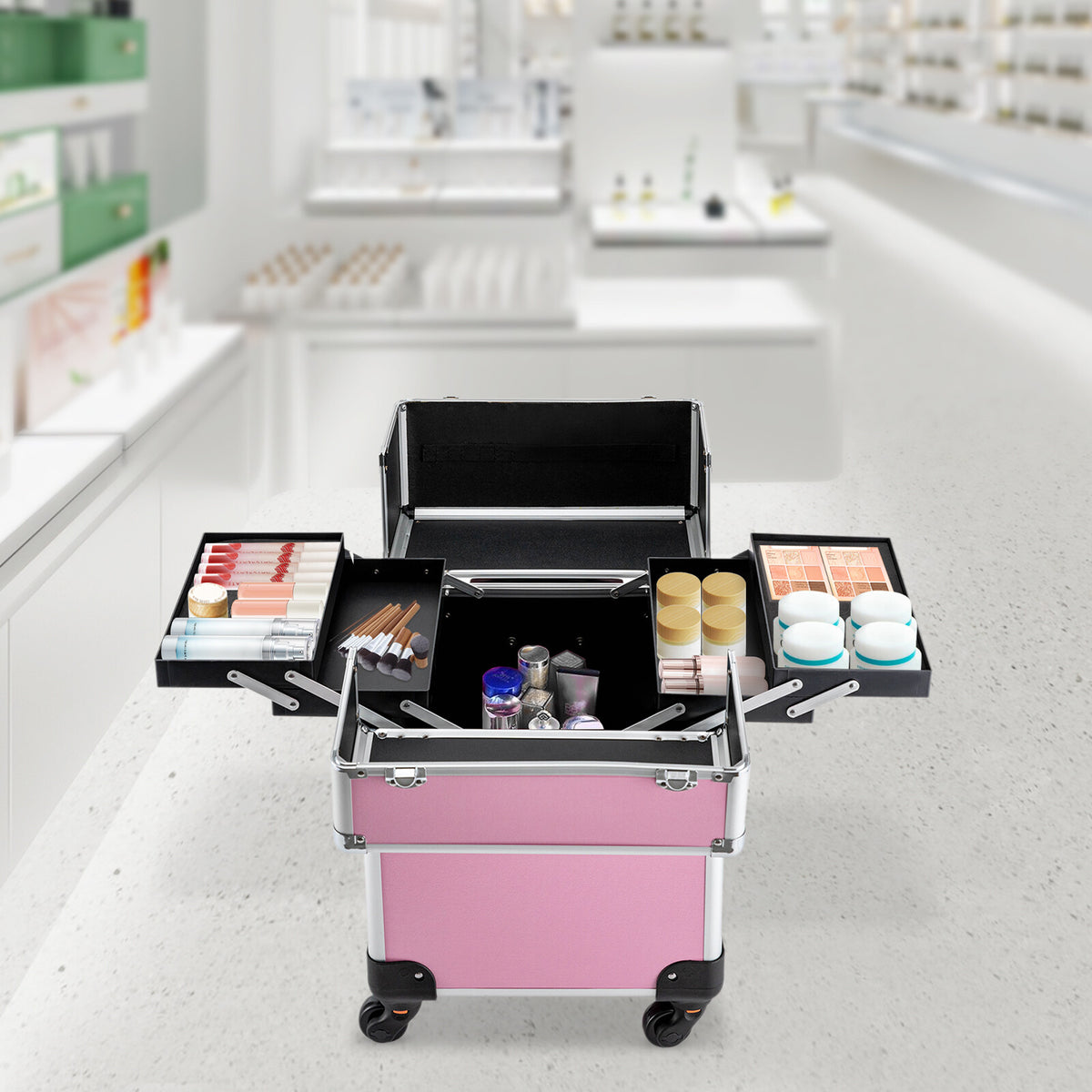 Pink Aluminum Rolling Makeup Train Case with Multiple Compartments