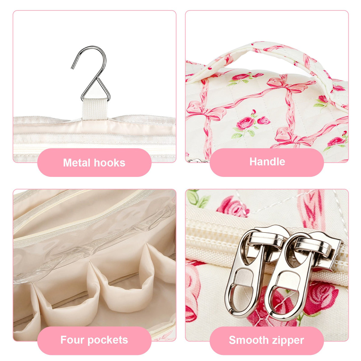 Pink Rose Travel Makeup Organizer Bag with 4 Pockets for Cosmetics & Toiletries