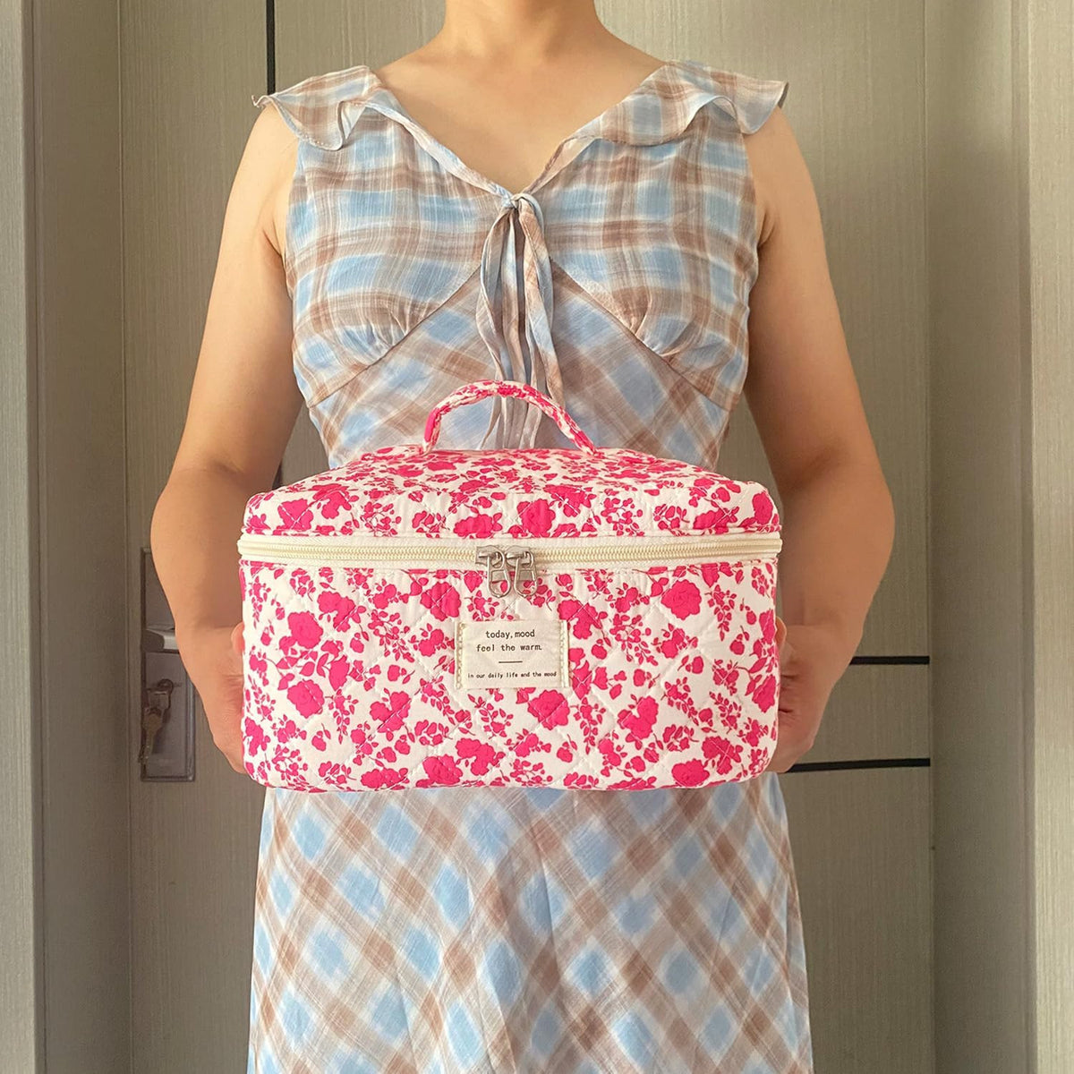 Large Floral Quilted Makeup Bag - Travel Cosmetic Organizer, Pink & Red