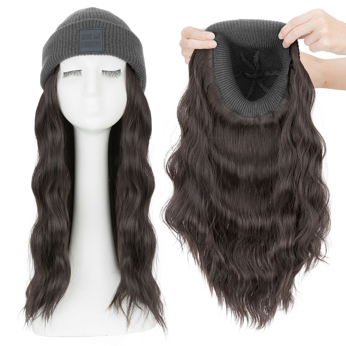 Winter Knitted Beanie Wig with Long Wavy Synthetic Hair - One Size Fits All