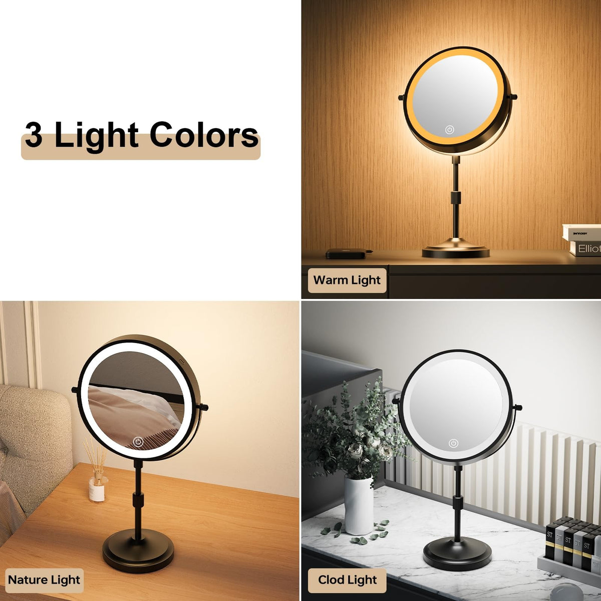 Lighted Makeup Mirror with 20X Magnification, Adjustable Height & Dimmable LEDs