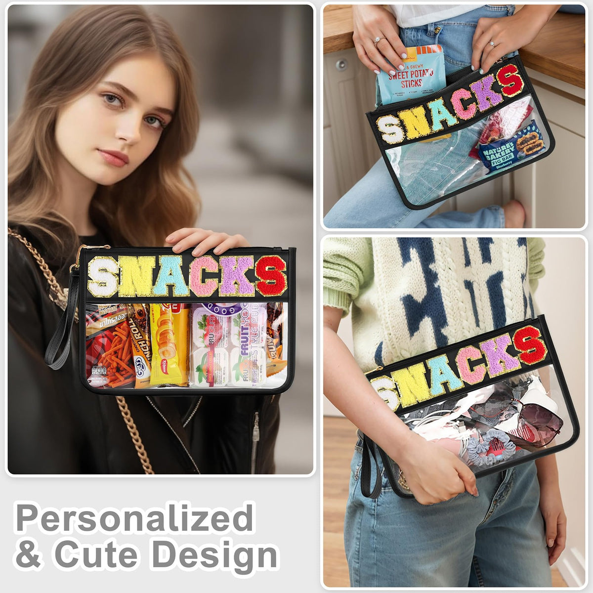 Travel Snack Bag with Zipper & Clear PVC Chenille Letter Patch - Waterproof Pouch