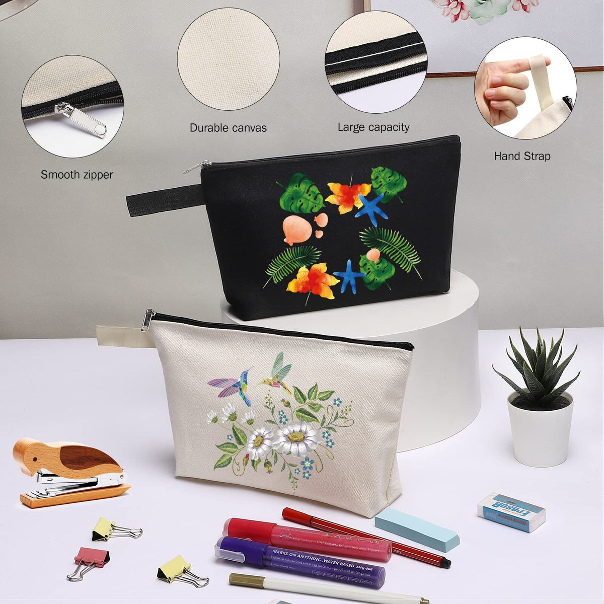 Cotton Canvas Makeup Bag Set - Multi-Purpose Travel Cosmetic Organizer