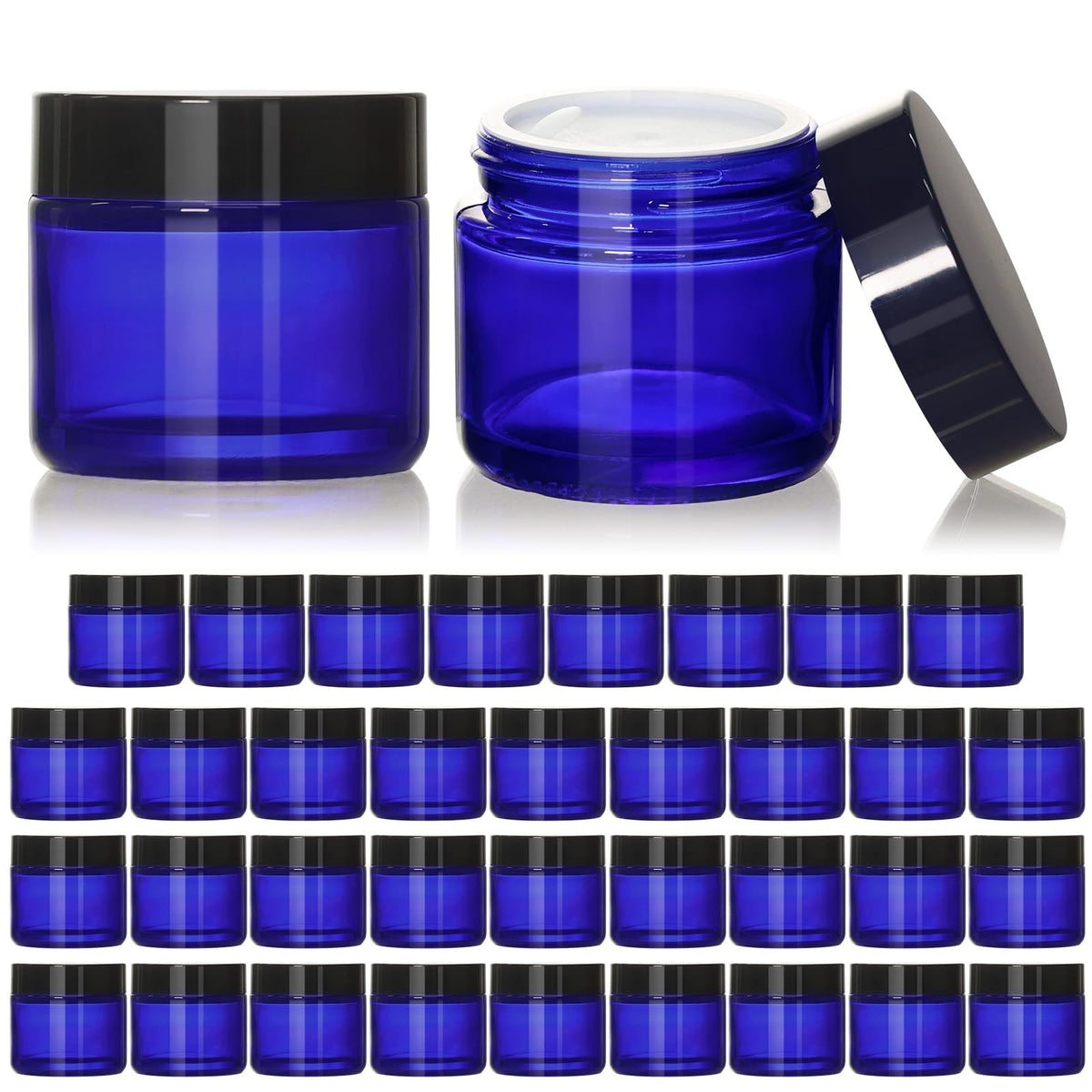 Blue 2oz Glass Cosmetic Jars with Black Lids, 35 Pack - Refillable Makeup Containers