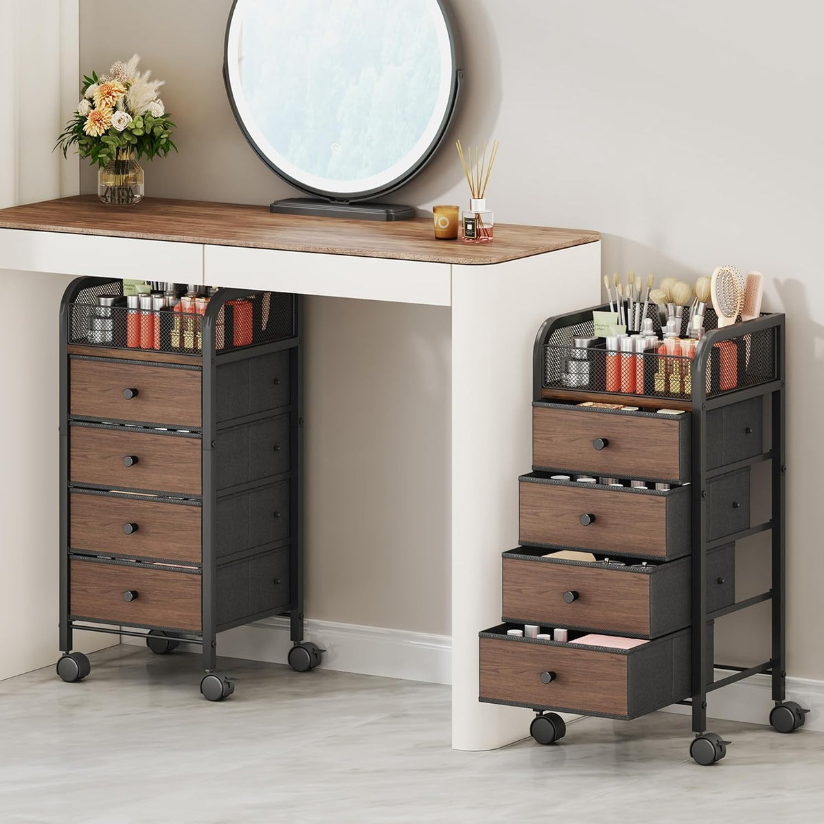 Rolling Makeup Organizer Cart with 3 Non-Woven Drawers Under Desk Storage