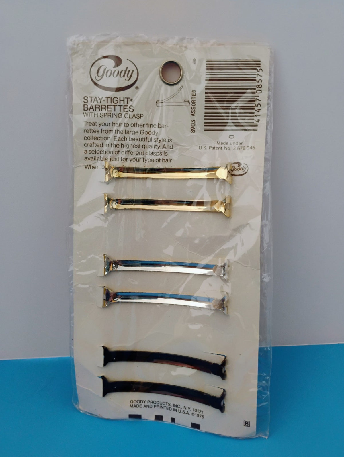 1975 Goody Stay Tight Barrettes 6 Metal Double Line 8903 Gold Silver