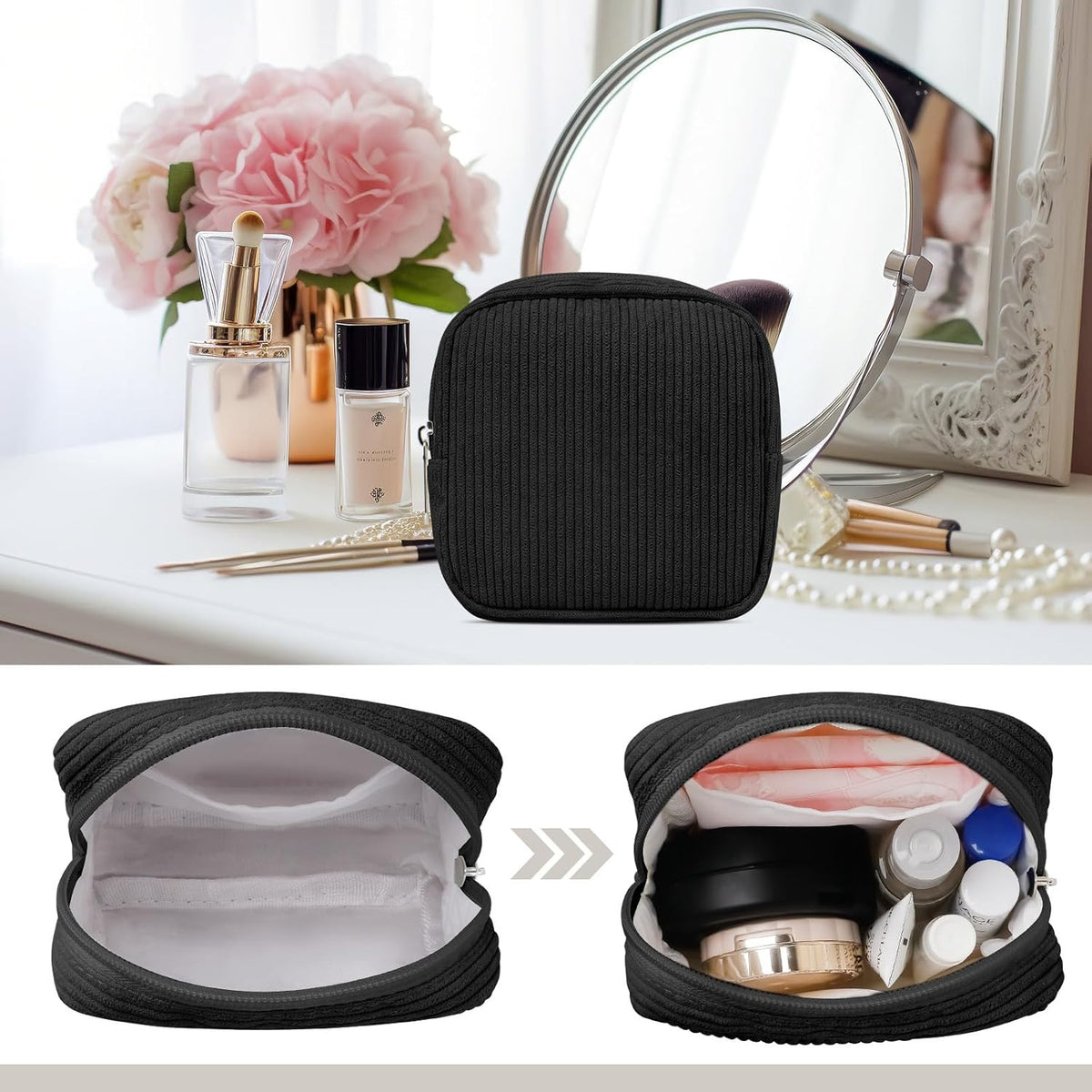 Mini Corduroy Makeup Bag with Zipper — Small Pouch for Purse, Travel