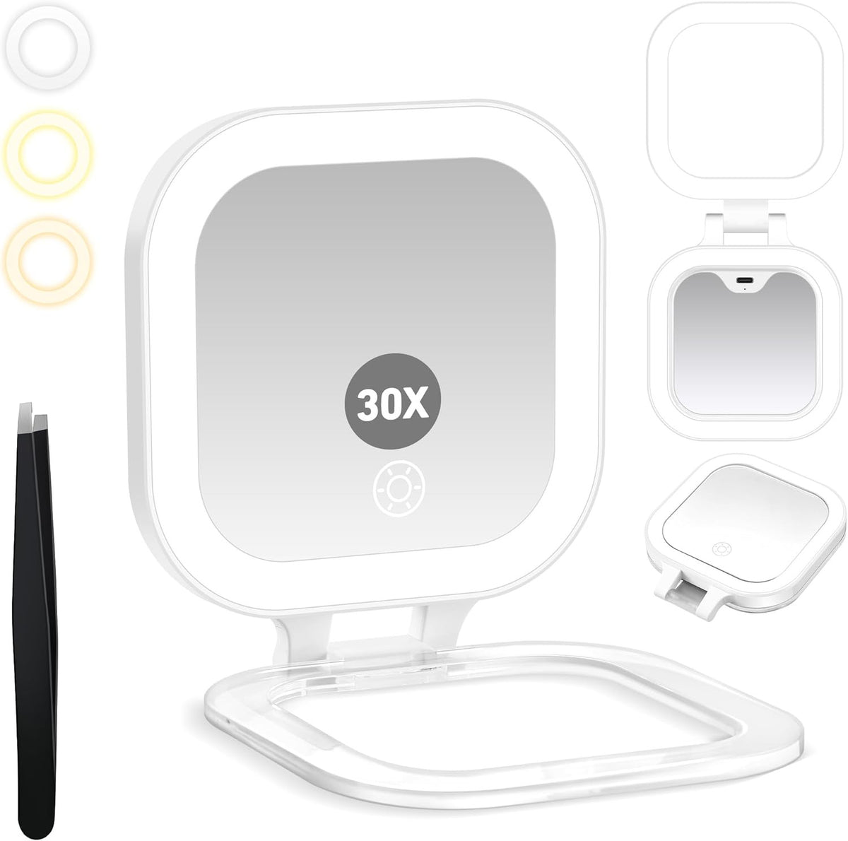 Travel Lighted Mirror with 30X Magnification and 3 Color Lighting