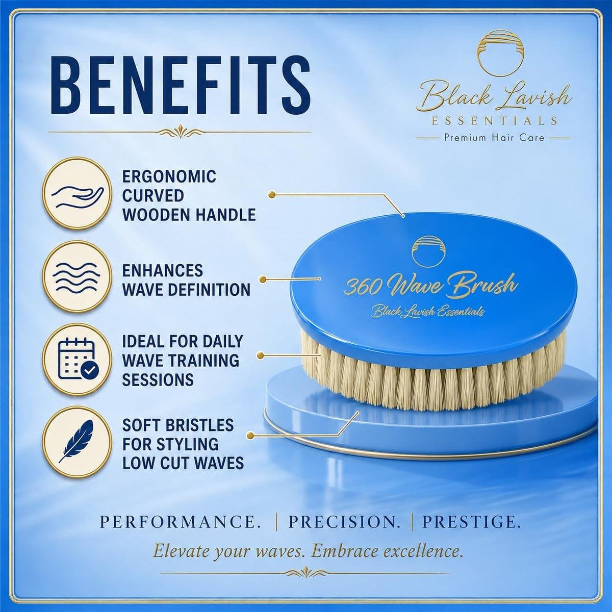 360 Wave Hair Brush MED/Hard Boar Bristle Curved Design for Deeper Waves - Sky Blue