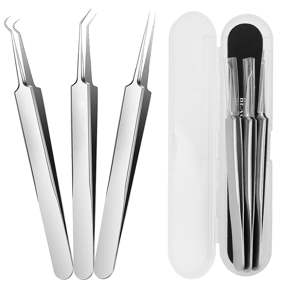 Blackhead Tweezers Set - 3 Stainless Steel Comedone Extractors for Acne & Pores