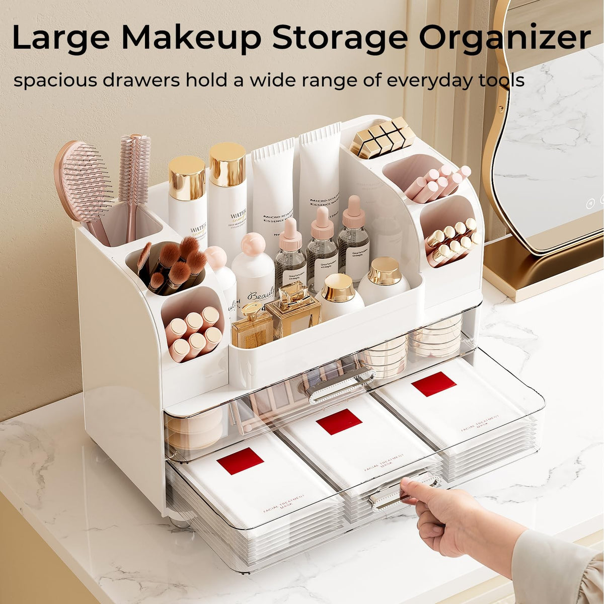 Makeup Organizer with 2 Large Drawers and Dual Brush Holders for Vanity & Bathroom