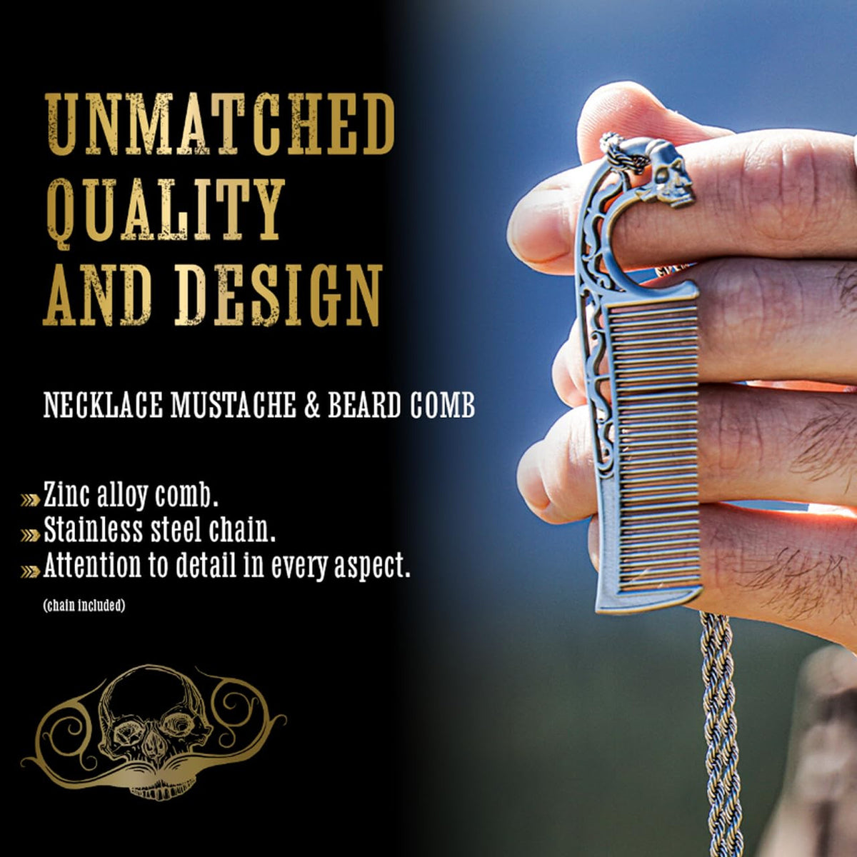 Stainless Steel Mustache Comb Necklace Dual-Sided Grooming Tool for Men