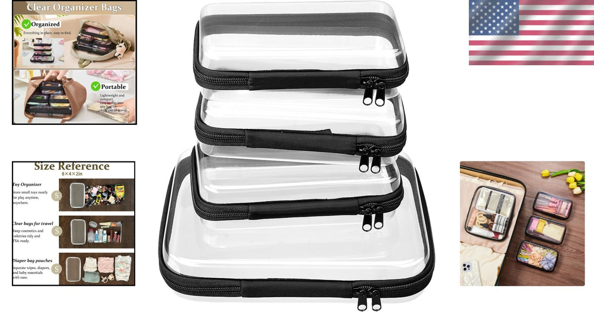 Set of 4 Clear Hard Shell Travel & Storage Pouches - Organizer Bags