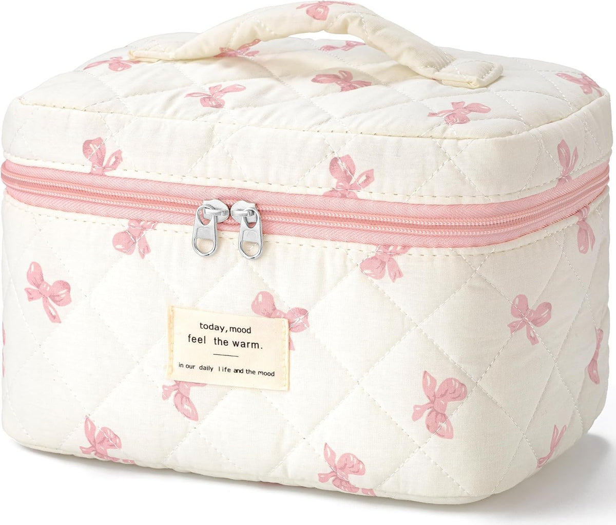 Large Quilted Travel Makeup Bag with Handle - Cotton Cosmetic Organizer