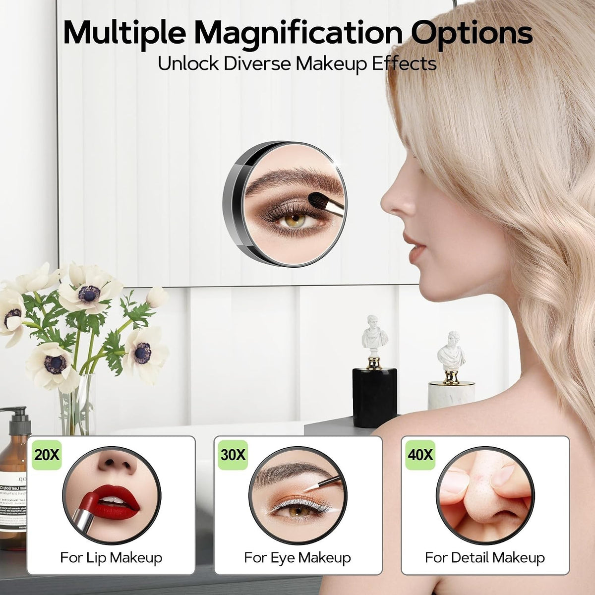Magnifying Makeup Mirror 20X/30X/40X with Suction Cup - Portable Compact Mirror for Skincare & Eyelash Plucking