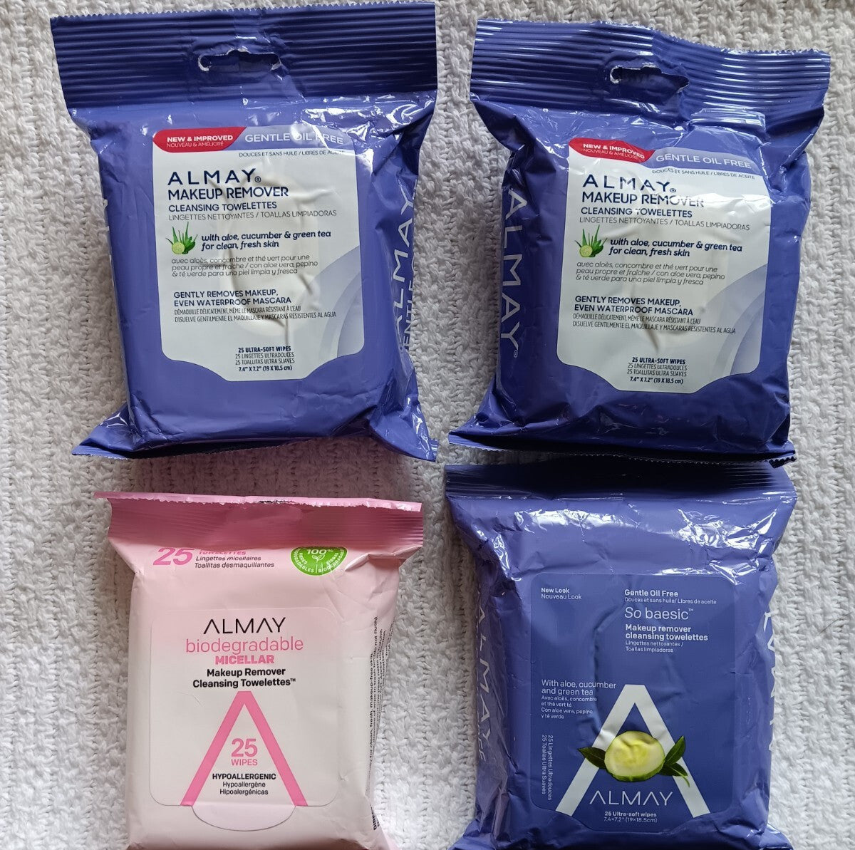 Makeup Remover Cleansing Towelettes Set - Aloe, Cucumber, Green Tea, 4 Packs of 25 Wipes