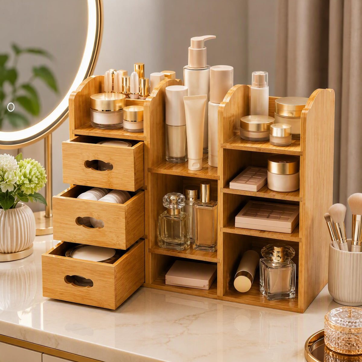 Bamboo Makeup Organizer with Drawers and Compartments - Multi-Functional Dresser Shelf
