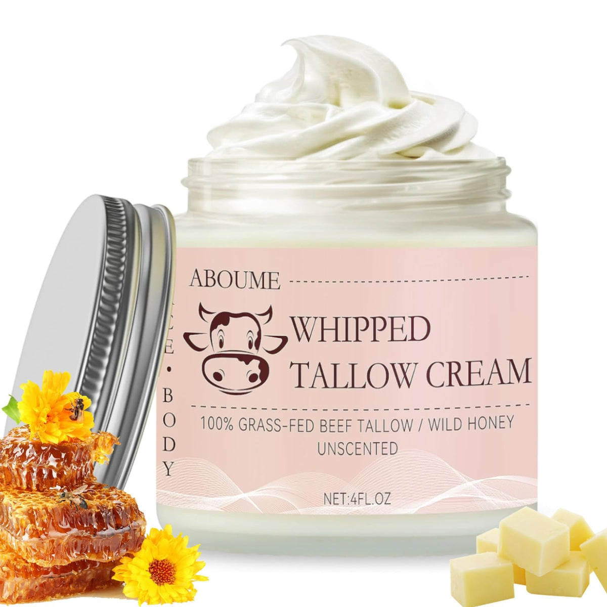 Beef Tallow Skin Moisturizer - 100% Grass-Fed Whipped Face & Body Balm, 4 Fl Oz