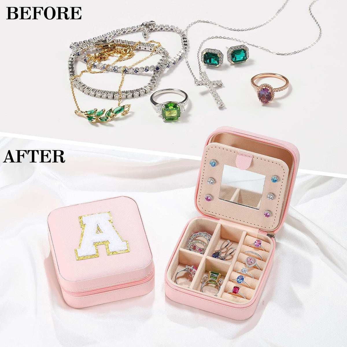 Pink Initial Jewelry Holder for Girls - Portable Leather Jewelry Box