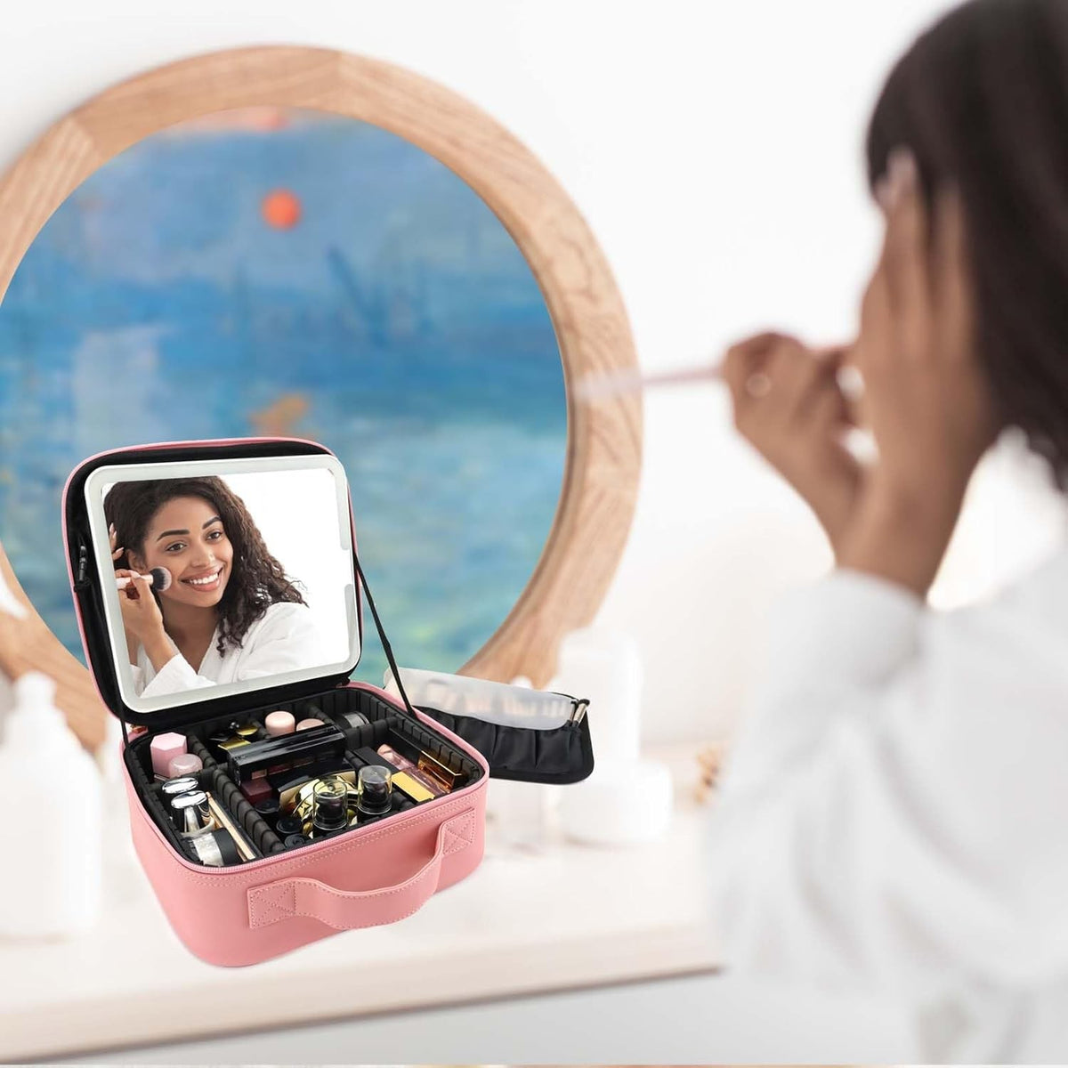 Travel Makeup Bag with LED Mirror and Adjustable Dividers, Waterproof