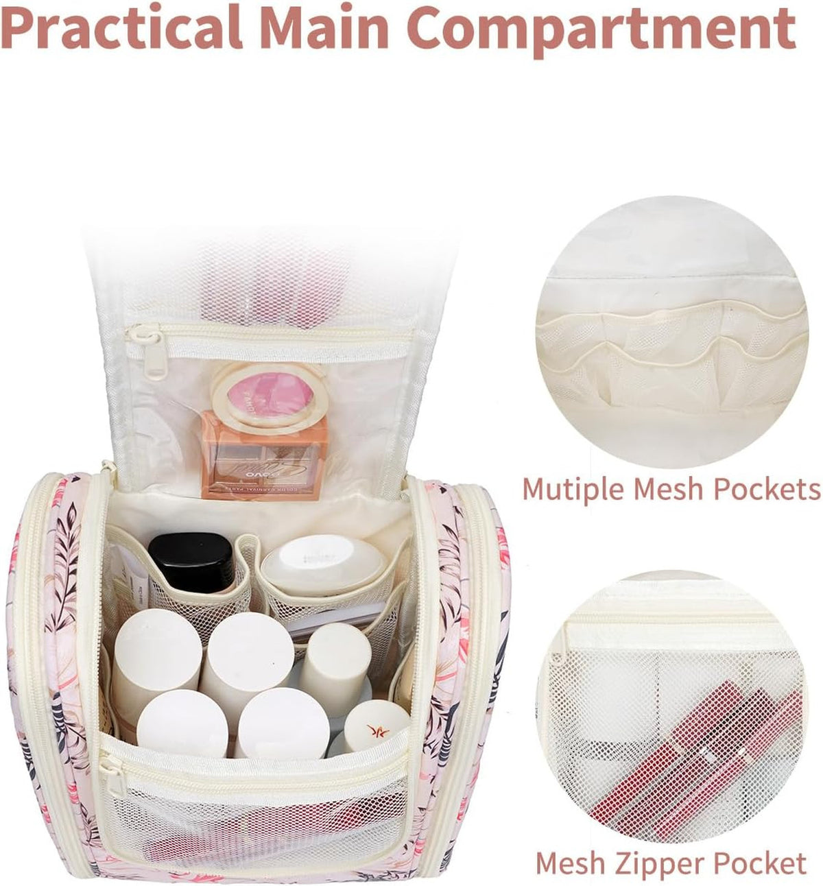 Travel Toiletry Bag Women Small Organizer with Hook Beige Bird Medium