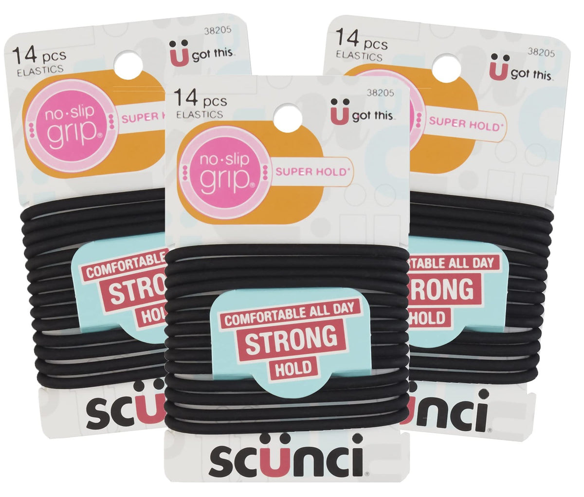 Scunci Black Gel Elastics, No-Slip Grip, Strong 14 Count (Pack of 3),
