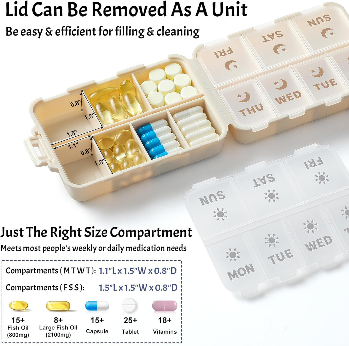 Foldable Weekly Pill Organizer with Etched Labels, 2 Doses a Day, Portable & Safe
