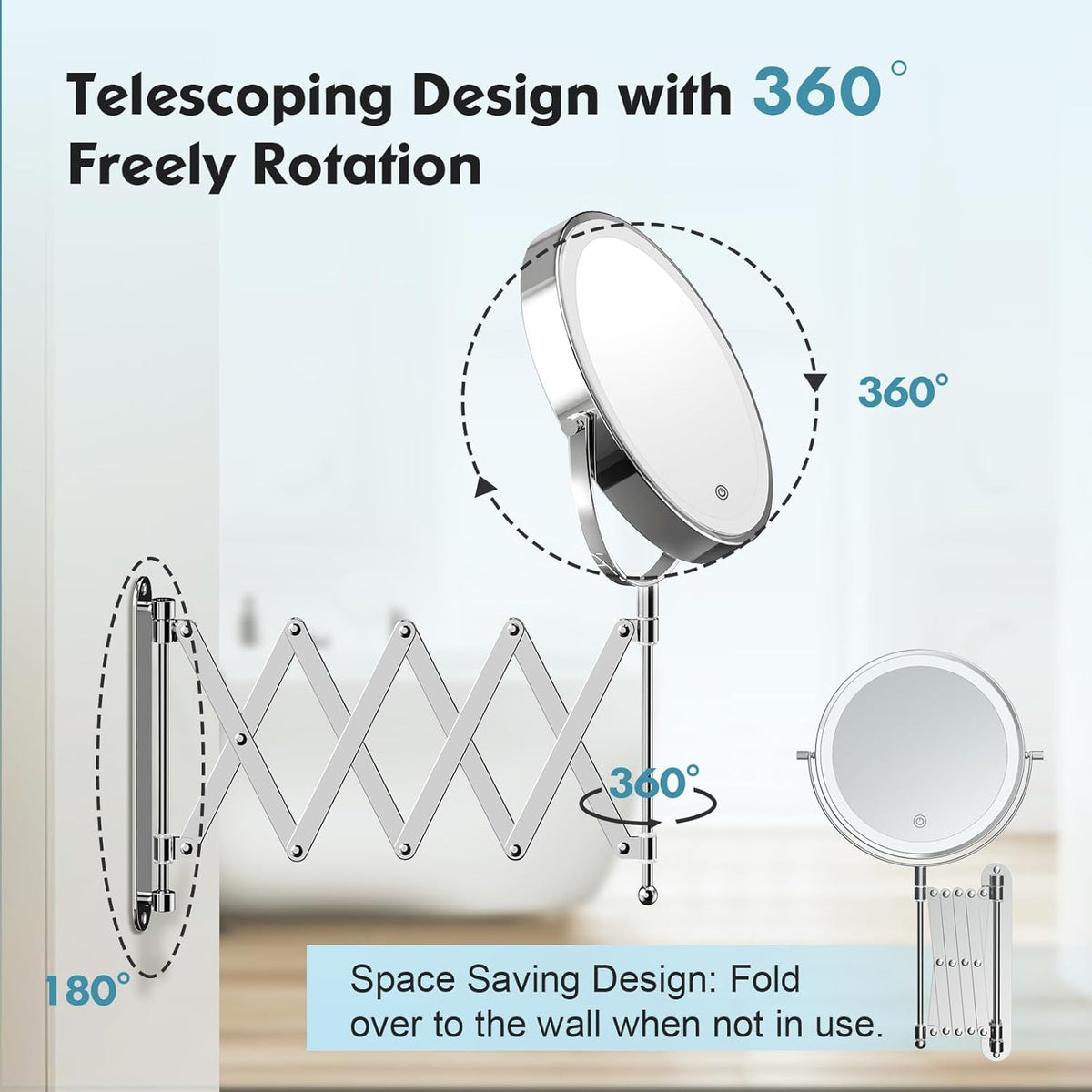 Rechargeable Wall Mounted Makeup Mirror with Lights 8 Inch Double Sided 1X/10X Magnification